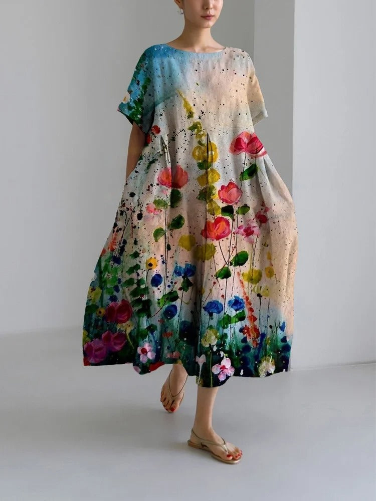 Women's Oil Art Flory Loose Round Neck Medium Length Skirt Dress