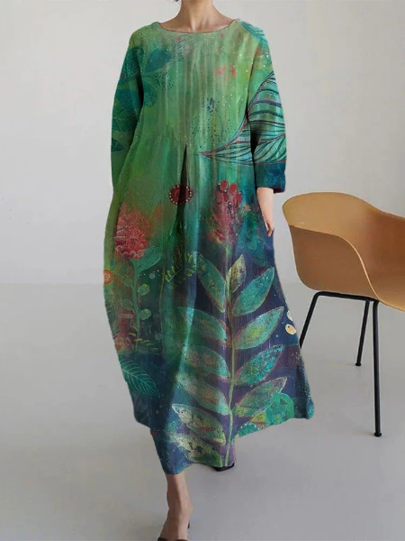 Women's Casual Multi Leaves Print Long Sleeve Midi Dress